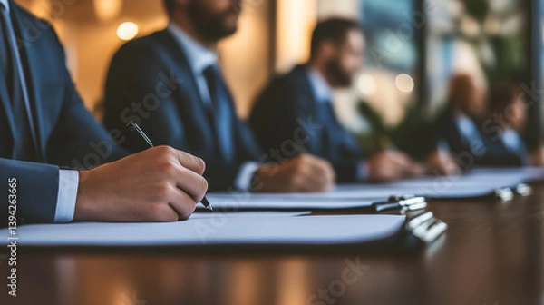 Fototapeta Group of professionals in formal business suits sitting at long table writing on clipboards during corporate meeting or contract signing in office setting.