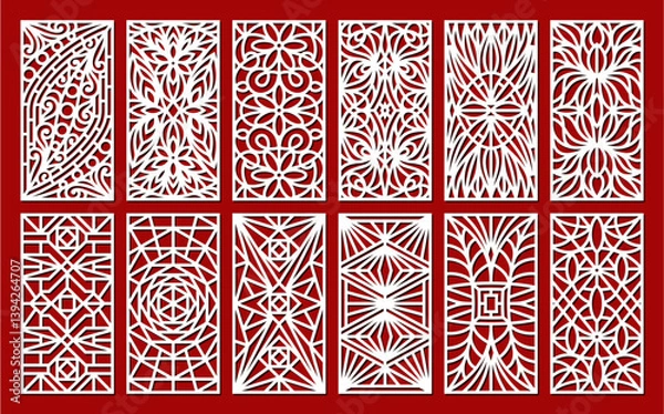 Obraz Set of decorative panels. Rectangular lattices with geometric linear pattern, openwork floral ornament. Template for plotter laser cutting of paper, fretwork, wood carving, metal engraving, cnc. 