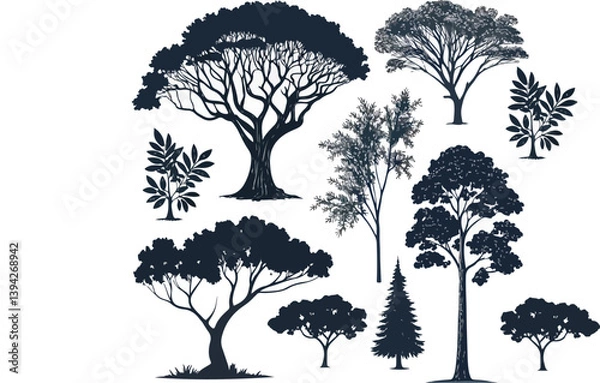Fototapeta Hand-Drawn Tree Silhouettes Collection | Botanical Forest Elements, Nature Shapes, Black and White Vector Trees for Eco Projects, Landscape Design, Clipart, Illustrations"