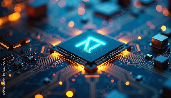 Fototapeta Glowing microchip on circuit board, blue futuristic technology