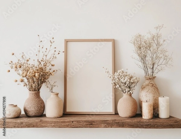 Fototapeta Displaying Dried Flowers and Blank Frame on Rustic Wooden Shelf