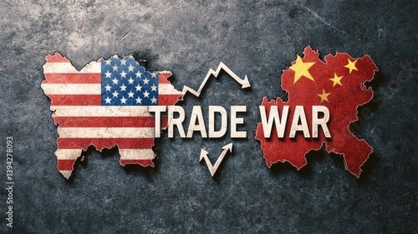 Fototapeta Minimalist design of the shapes of the United States and China as their flags, fractured by a central line with a declining arrow and the text "TRADE WAR" starkly displayed. Copy space for Stockphoto