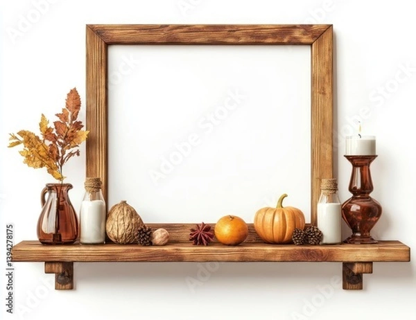 Fototapeta Displaying Autumn Decor on Rustic Wooden Shelf with Blank Frame