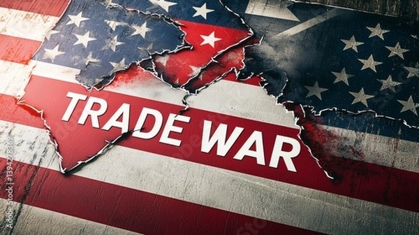 Fototapeta Artistic interpretation of the USA and China as distressed flags being ripped apart, featuring a clear downward arrow and the bold text "TRADE WAR". Copy space for Stockphoto