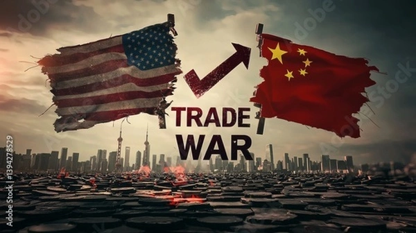 Fototapeta Artistic interpretation of the USA and China as distressed flags being ripped apart, featuring a clear downward arrow and the bold text "TRADE WAR". Copy space for Stockphoto