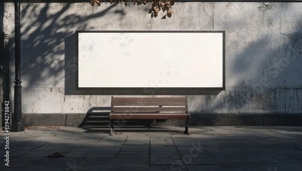 Fototapeta Blank Billboard and Bench on Sidewalk Wall with Tree Shadow