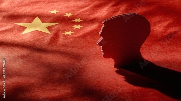 Fototapeta Conceptual graphic leader head outlined with USA flag sharp red arrow diving through subtle China flag background. Copy space for Stockphoto
