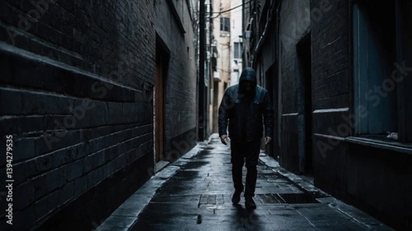 Fototapeta Dark alleyway with wet stones. Figure walks in hooded jacket through narrow street between tall buildings, dark mood