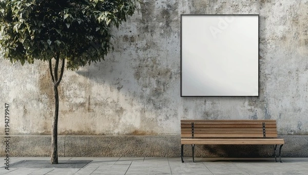 Fototapeta Blank Poster Mockup on Concrete Wall with Tree and Bench