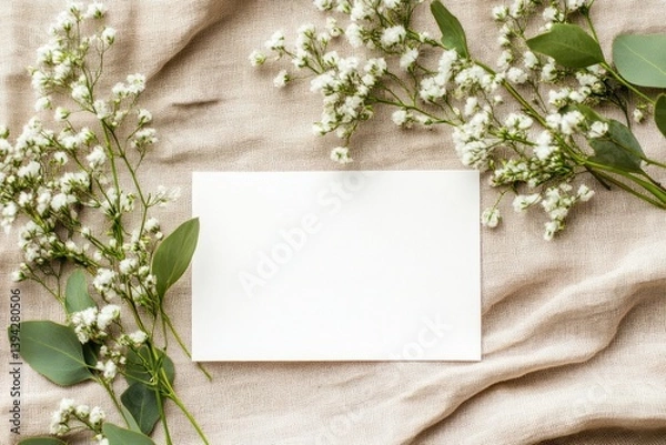 Fototapeta Blank Card with White Flowers and Eucalyptus on Neutral Linen Fabric