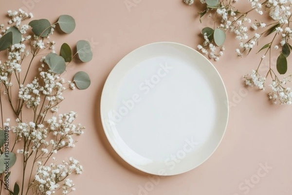 Fototapeta Elegant Empty Plate Surrounded by Delicate White Flowers and Green Leaves