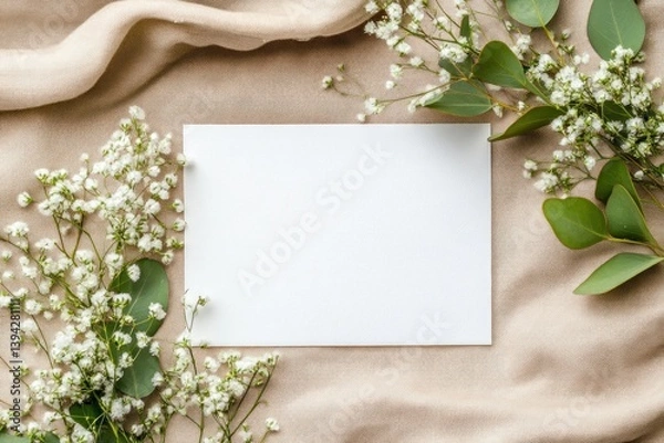 Fototapeta Blank Card with White Flowers and Greenery on Beige Fabric
