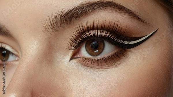 Fototapeta Close up brown eye with long dark lashes and black white eyeliner. Eye is open showing detail on brow and skin.
