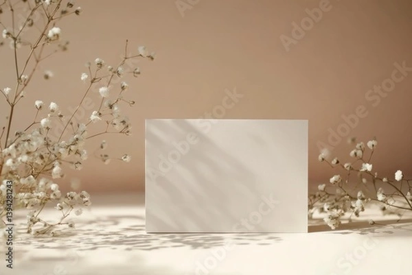 Fototapeta Blank Card Display with Delicate White Flowers and Soft Shadow