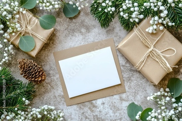 Fototapeta Holiday Gift Card Mockup with Wrapped Presents and Festive Greens