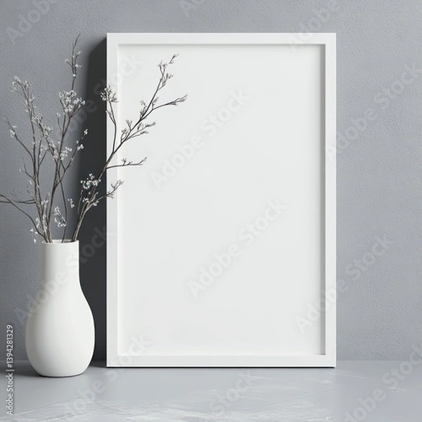 Fototapeta Blank White Frame Mockup with Vase and Floral Arrangement Interior