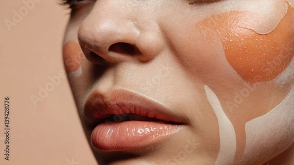 Fototapeta Face with light skin shows orange and white color paint. Smooth surface reveals nose, mouth, and facial contours. Beige color background.