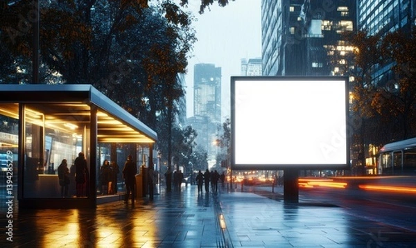 Fototapeta Blank Billboard on Rainy City Street with Pedestrians and Traffic