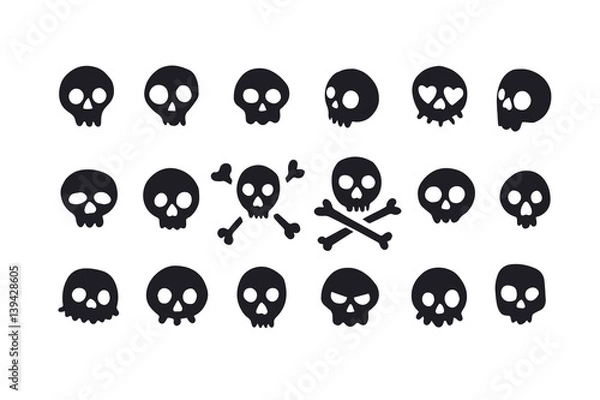 Fototapeta Set of doodle skulls with bones