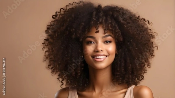 Fototapeta African American girl in a beauty image with clear, healthy skin on a beige backdrop.  A dreamy, gorgeous ebony woman with a smile. Curly hair styled in an afro