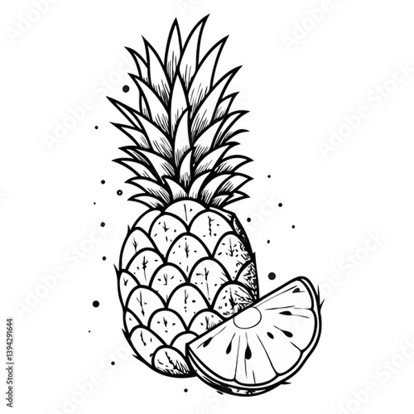 Obraz Pineapple in Black and White Retro Style with Slice  