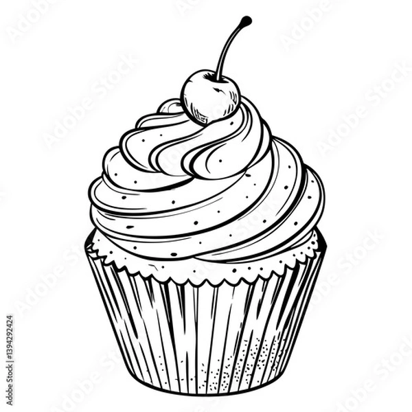 Fototapeta Black and White Retro-Style Cupcake with Cherry  
