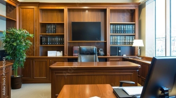 Fototapeta Clean and organized law office with a desk and computer
