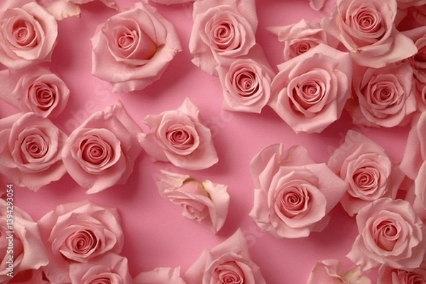 Fototapeta Elegant floral design with a pink damask rose on a pink background, seen from above. A frame of dainty flowers, ideal for holiday postcards such as March 8, Mother's Day, or weddings
