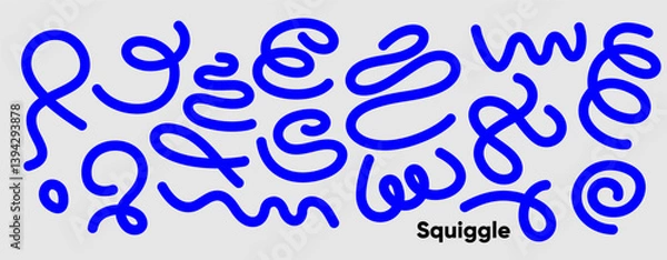 Fototapeta Minimalist squiggle-style illustration in bold blue on a light gray background. Repeating playful loops form a visual rhythm with the word “Squiggle” anchored in bold black type.