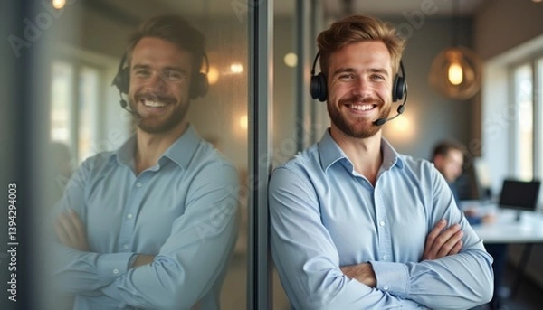 Obraz A cheerful young man with a headset stands confidently with his arms crossed, reflecting a positive work environment. His bright smile and professional attire create an inviting atmosphere, showcasing