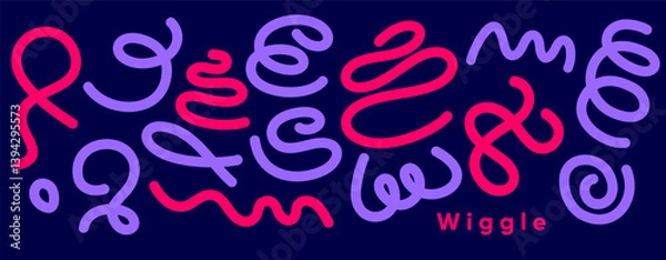 Obraz Abstract playful background with wavy, noodle-like purple and red lines on a deep navy backdrop. Dynamic, motion-inspired forms create a vibrant and energetic visual labeled "Wiggle."