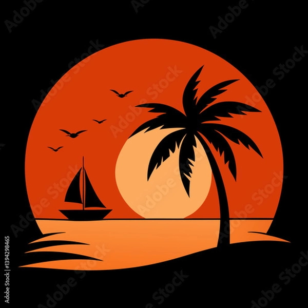 Fototapeta Sunset Illustration of Gradient beach landscape silhouette vector background