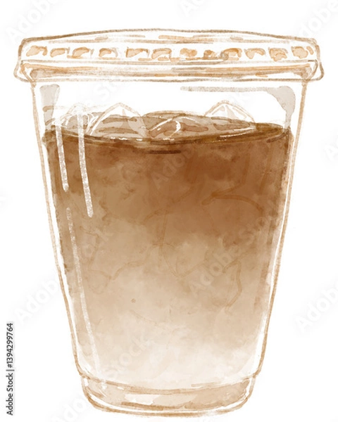 Obraz プラスチックのカップに入ったアイスカフェラテの水彩イラスト