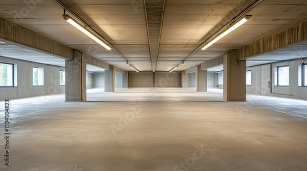 Fototapeta The basement room on the bottom floor of the building's parking lot is empty in an industrial cast concrete style. Abstract modern minimal background
