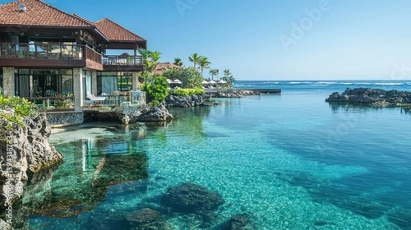 Obraz A luxury resort overlooking a serene lagoon with clear water.