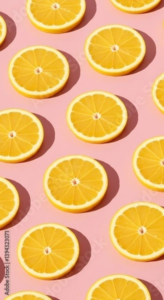 Fototapeta A vibrant pattern of juicy orange slices arranged on a soft pink background, radiating summer sunshine and a refreshing, zesty mood.