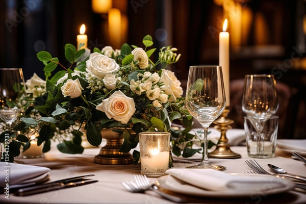 Fototapeta Elegant table setting for celebration. Floral centerpiece with white roses. Candles and glassware create a romantic ambiance. Tableware on fine dining setup.