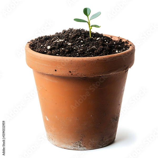 Fototapeta A Tiny Sprout Bravely Emerging From Rich Earth In A Worn Terracotta Pot, A Symbol Of New Life And Growth Against A Clean Isolated on Transparent Background