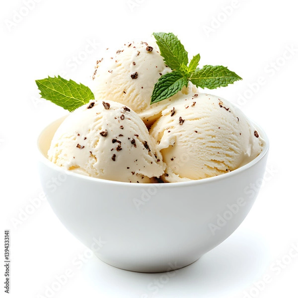 Fototapeta Creamy Vanilla Ice Cream Scoops In A White Bowl, Garnished With Chocolate Shavings And Fresh Mint, A Delightful Summer Treat Against A Bright Background Isolated on Transparent Background