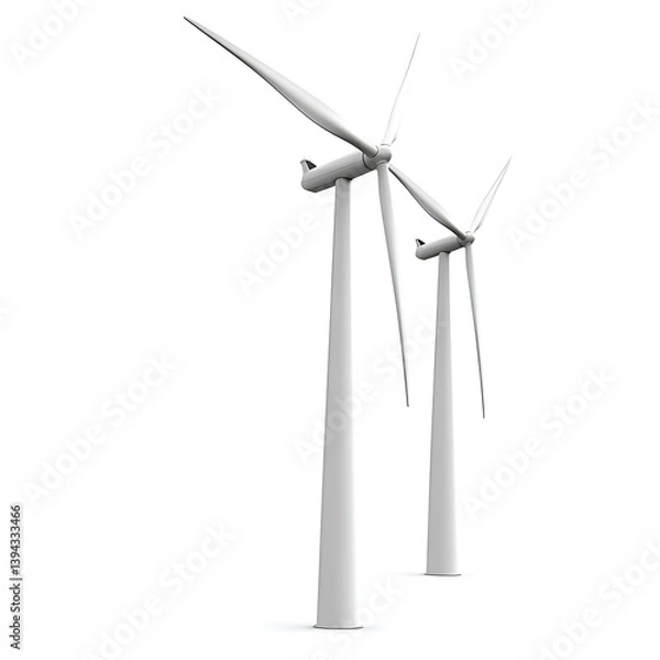 Fototapeta Two Majestic Wind Turbines Gracefully Turning In A Clean Energy Future, A Minimalist White 3d Rendering Against A Bright Background Isolated on Transparent Background