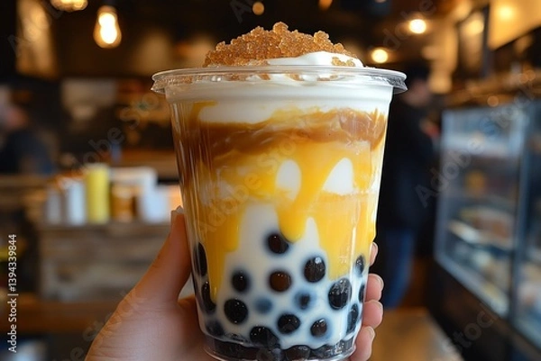 Fototapeta Holding Caramel Bubble Tea with Tapioca Pearls and Sweet Toppings