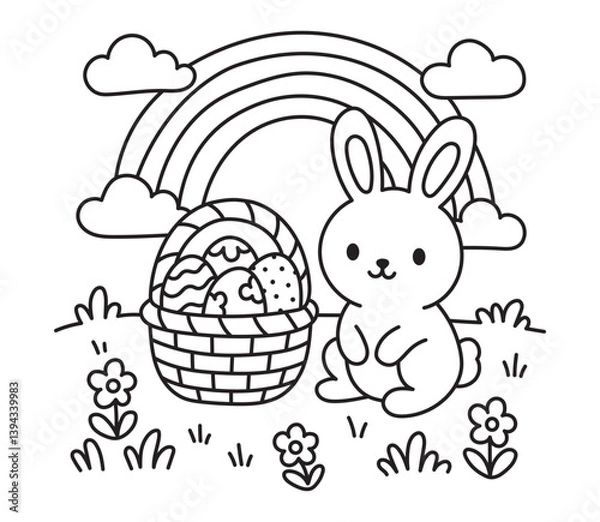 Fototapeta Easter coloring page with a rabbit on a meadow. Easter basket with Easter eggs. Rainbow. Black and white vector illustration.