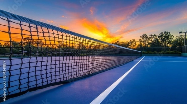 Obraz An empty tennis court at sunset, with the net in the foreground and the vibrant sky reflecting on the court's surface, creating a serene atmosphere.