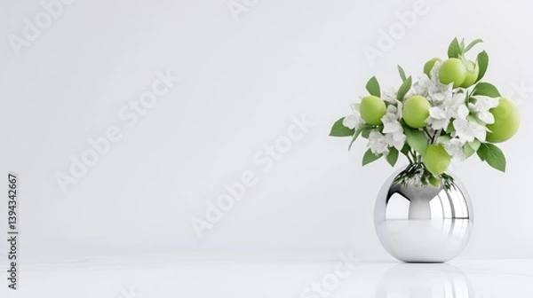 Fototapeta Elegant, minimalist arrangement of white flowers and lime-green fruits in a round, silver vase