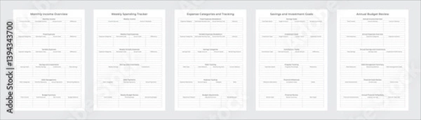 Obraz Budget Planner Pages and Planner Sheets Design Template for daily, weekly, monthly and annually Budget organizing routines and personal goals Set of 5 Pages
