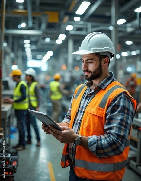 Fototapeta Hispanic male engineer using tablet in industrial factory with diverse team