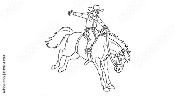 Fototapeta Simple Rodeo Coloring Page Outline Cowboy On Bucking Horse With Raised Front Legs Western Action Illustration Graphic