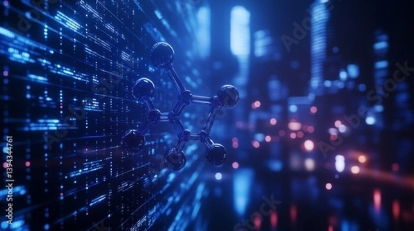 Fototapeta Abstract Digital Network Structure in Blue Cityscape at Night