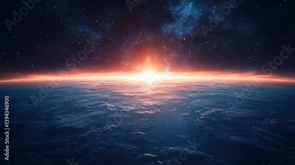 Fototapeta Breathtaking View of Sunrise Over Cloudy Horizon in Outer Space