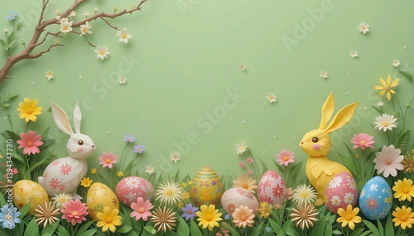 Obraz Easter Bunnies and Colorful Eggs in Spring Meadow on Green Background